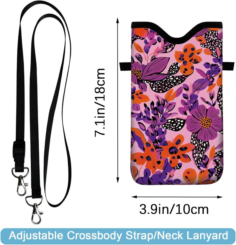 otilil Neoprene Cell Phone Sleeve Pouch Case Bag with Crossbody Strap Neck Lanyard for Women 7.1 X 3.9 in Pink Flower - Image 2